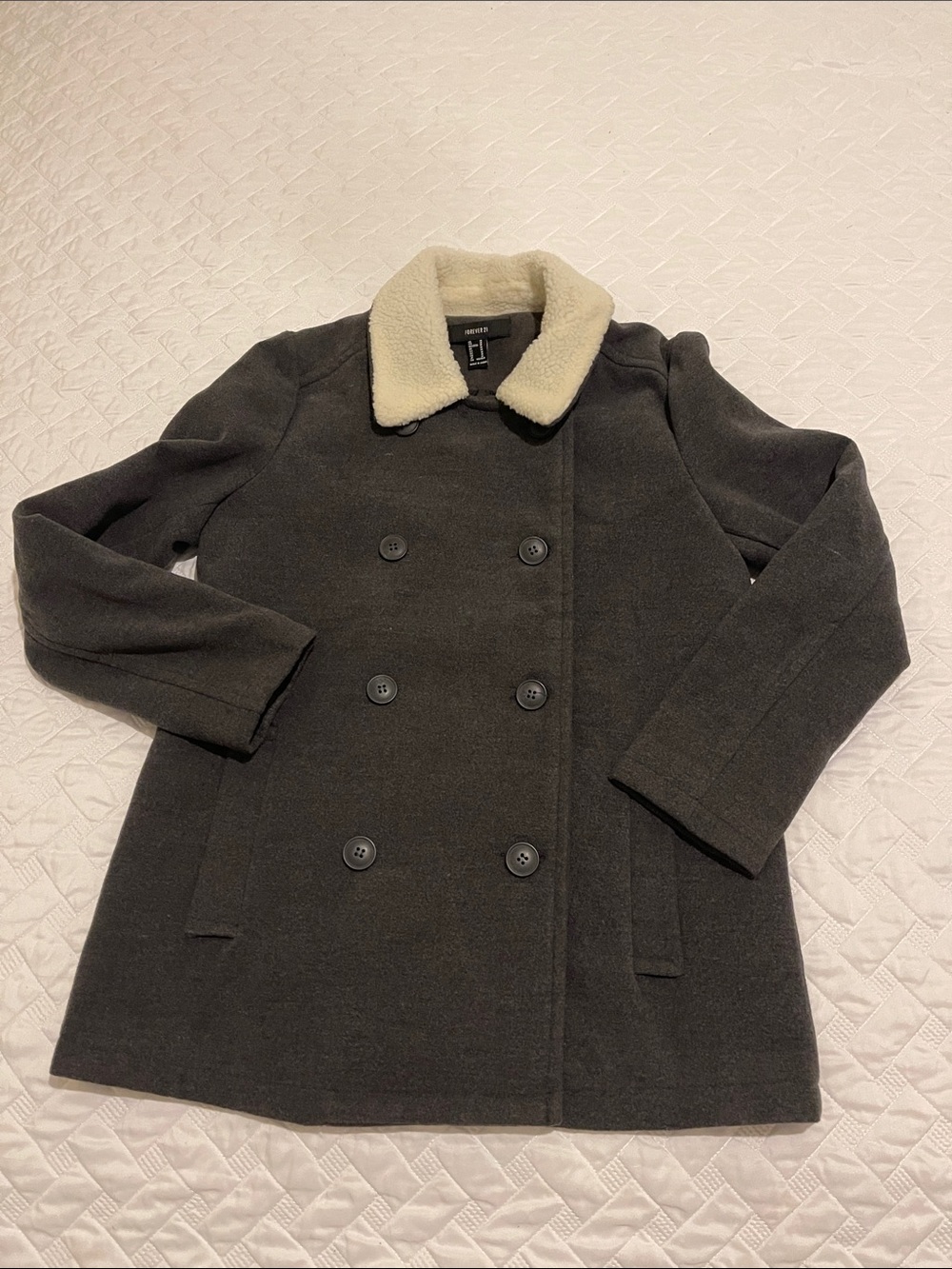 Forever21  Double-Breasted Wool Blend Coat with Faux Shearling Collar - Gray